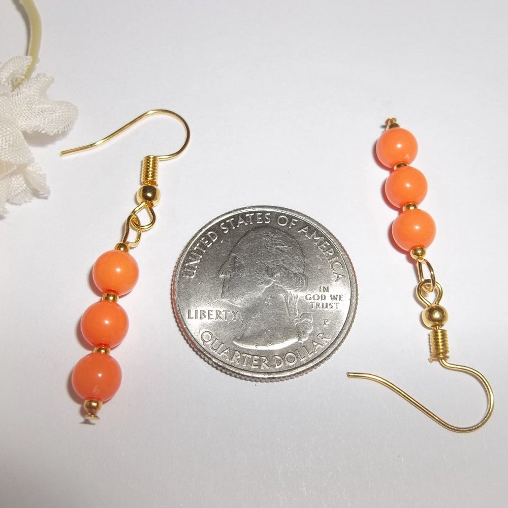 Neon Orange and Gold Earrings Fashion Jewelry Dangle Beaded Handmade Sleek 6772 - Picture 3 of 8